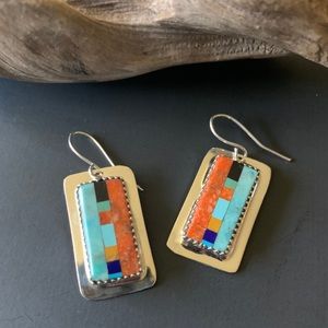 Native American Sterling Silver Inlay Earrings, Southwestern